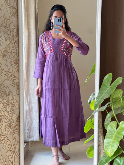 A0219  lavender Mulmul one piece dress with glass mirror work & hand embroidery