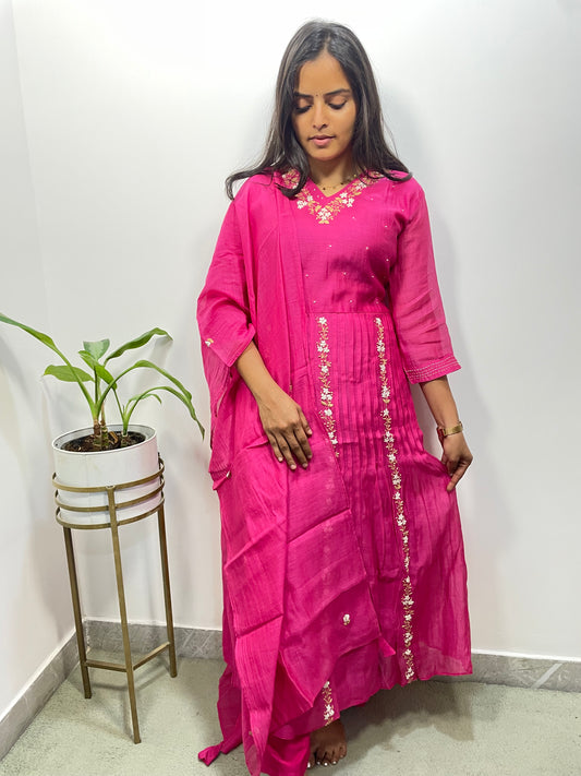 A0338 Premium Mul chanderi 3 piece set in pink shade with hand embroidery detailing