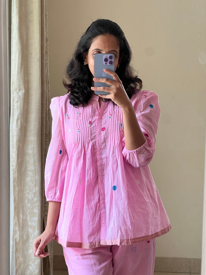 A0662 Jamdani Pink coord set with hand embroidery butties