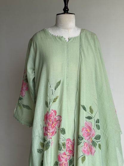 A0840 pista green mul chanderi 3 piece dress