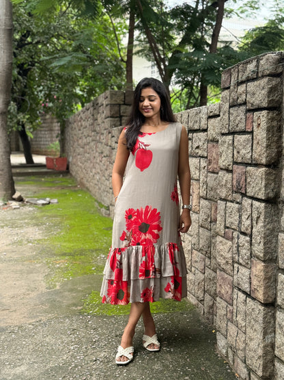 A0838 Grey Cotton silk dress with floral print design