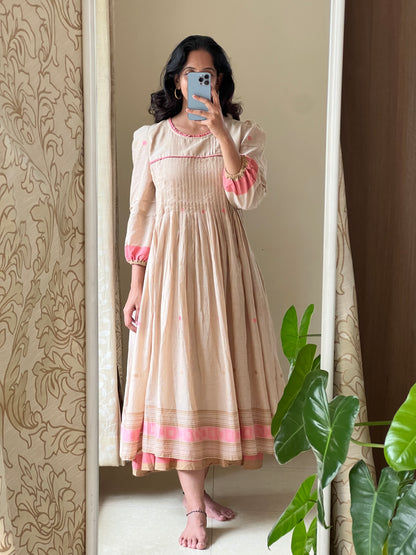 A0507 cream Bengal cotton jamdani one piece layered dress