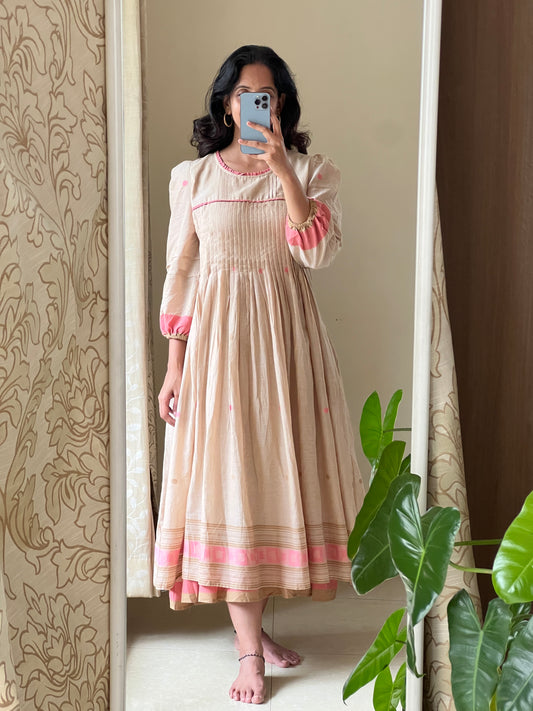 A0507 cream Bengal cotton jamdani one piece layered dress