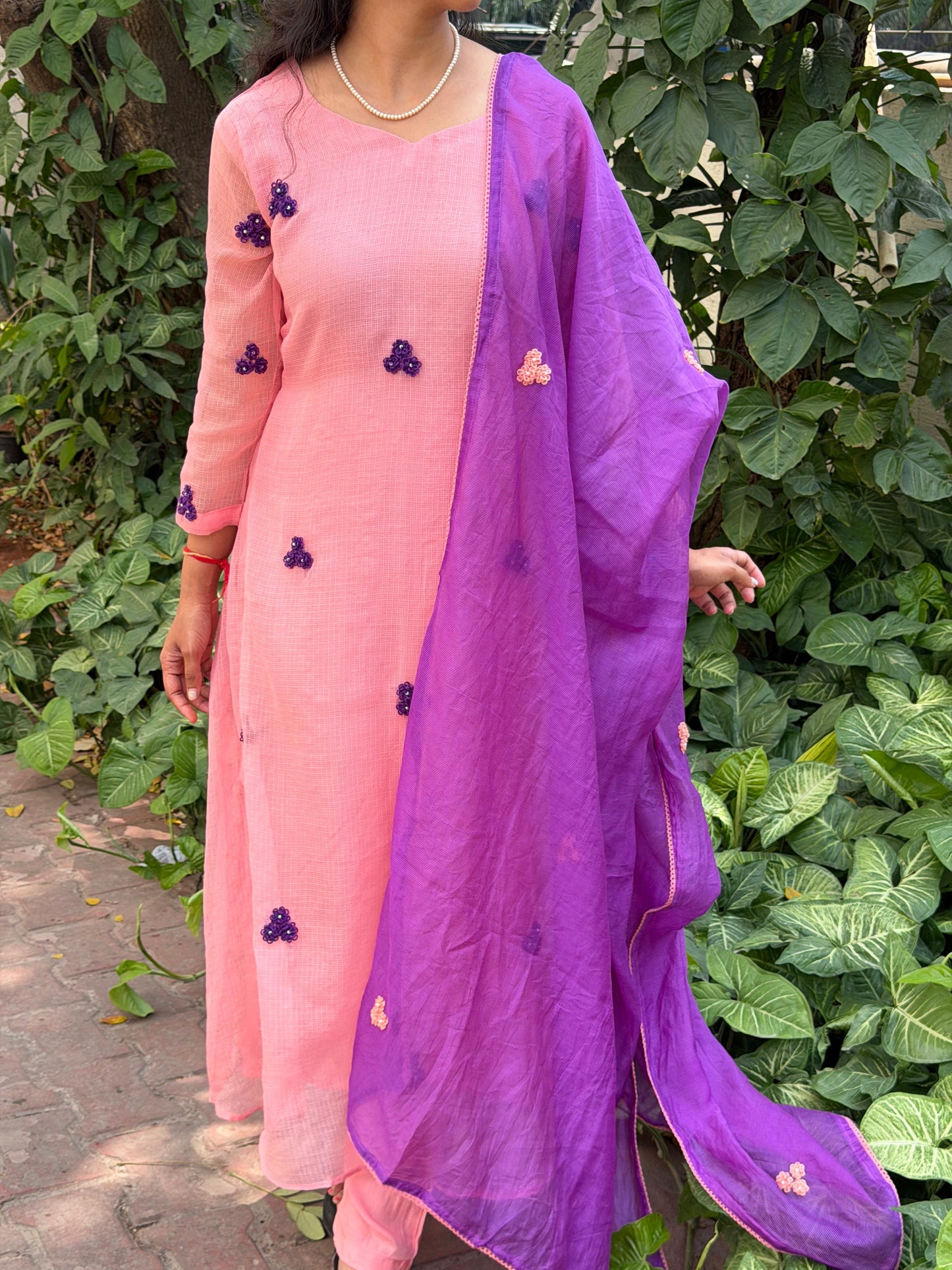 A0664 peach & purple Kota 3 piece dress with floral hand embroidery butties all over the dress