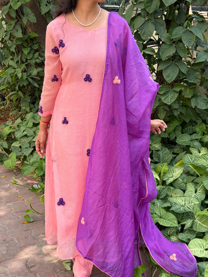 A0664 peach & purple Kota 3 piece dress with floral hand embroidery butties all over the dress