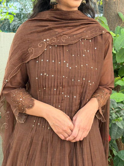 A0622 brown mul chanderi 3 piece suit with floral 3d embroidered & cut work for dress, sleeves & duppatta