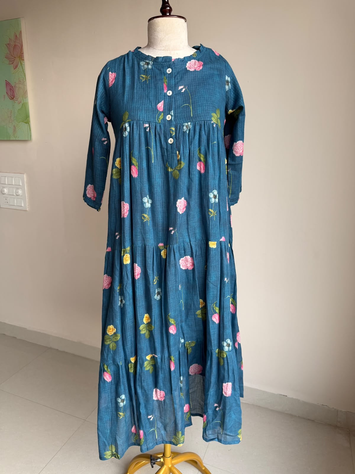 A0854 blue Kota floral printed one piece dress