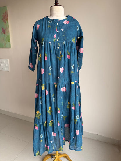 A0854 blue Kota floral printed one piece dress