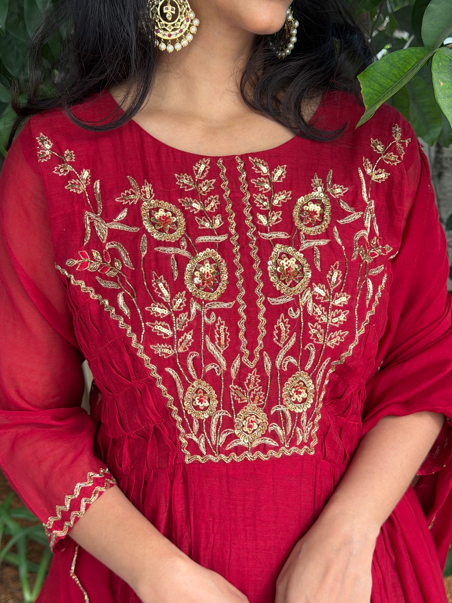A0615 red mul chanderi 3 piece suit with zardosi hand embroidery detailing & smoking details at sides
