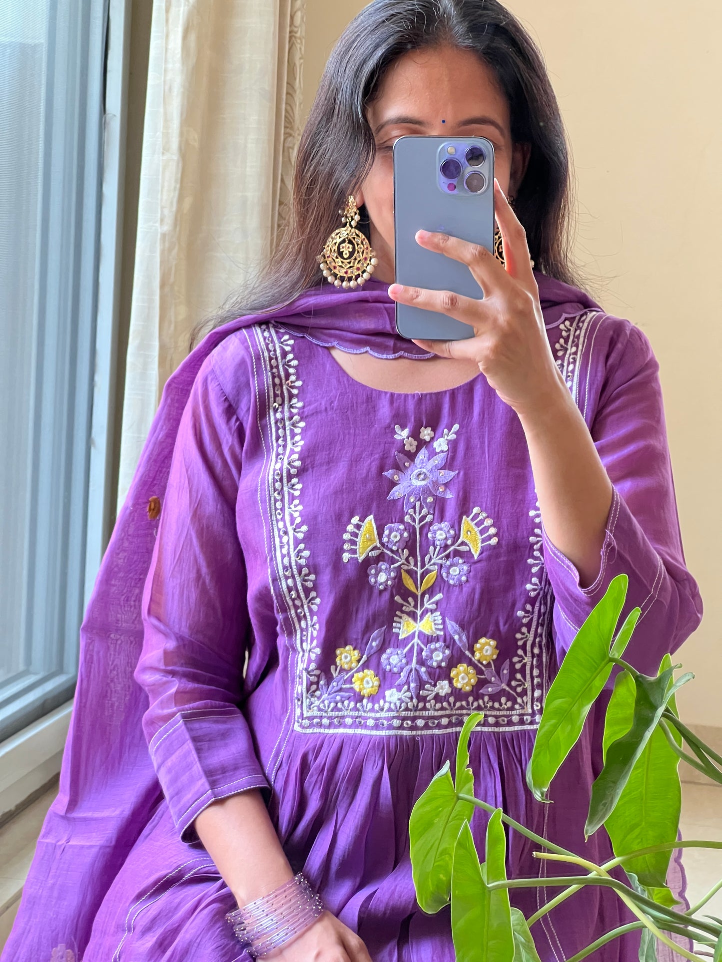 A0422 purple mul chanderi 3 piece dress with hand embroidery detailing