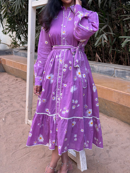 A0643 Lavender tie up style mul cotton frock