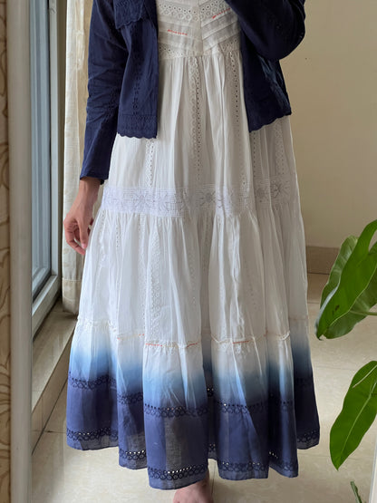 A0555 white & blue shaded hakoba cotton one piece dress with coat