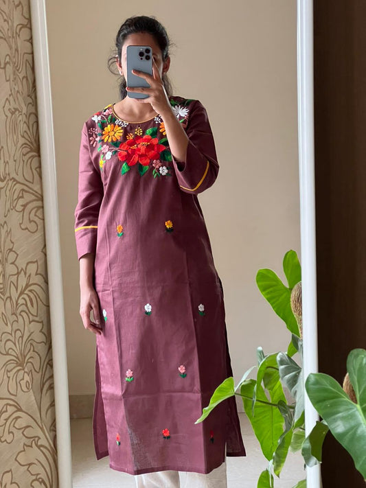 Brown handloom cotton woollen work straight cut kurti
