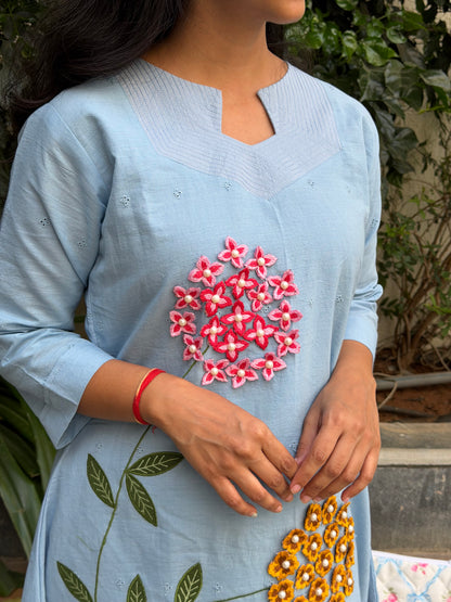 A0653 Mul cotton 2pc powder blue set with applique, 3d flowers and hakoba detailing