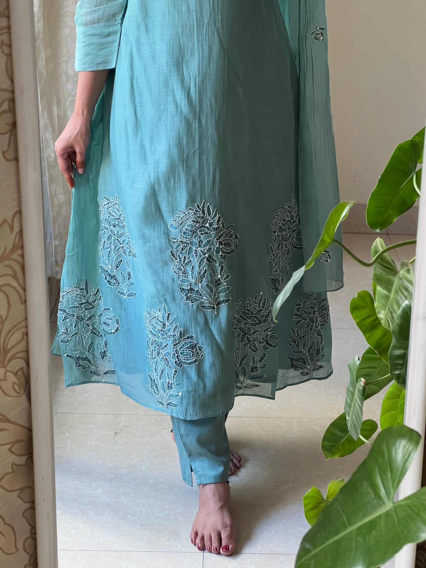 A0449 green Mul chanderi 3 piece dress with Kantha & chikankari work detailing all over the dress
