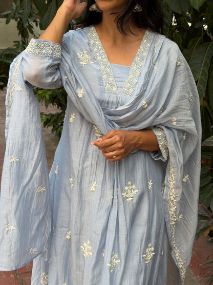 A0889 powder blue mul chanderi 3 piece dress
