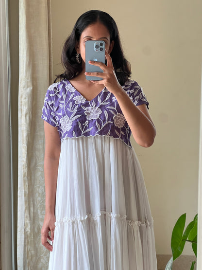 A0530 white & purple chinnon one piece dress embroidery detailing all over the yoke part