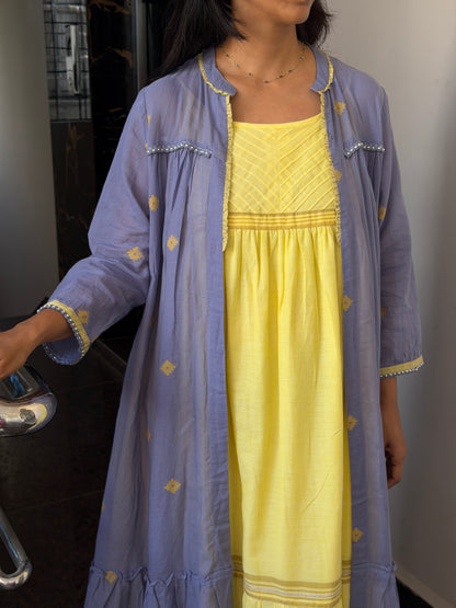 A0378 Bengal cotton Jamdani coat style in yellow and blue combinations with layered coat