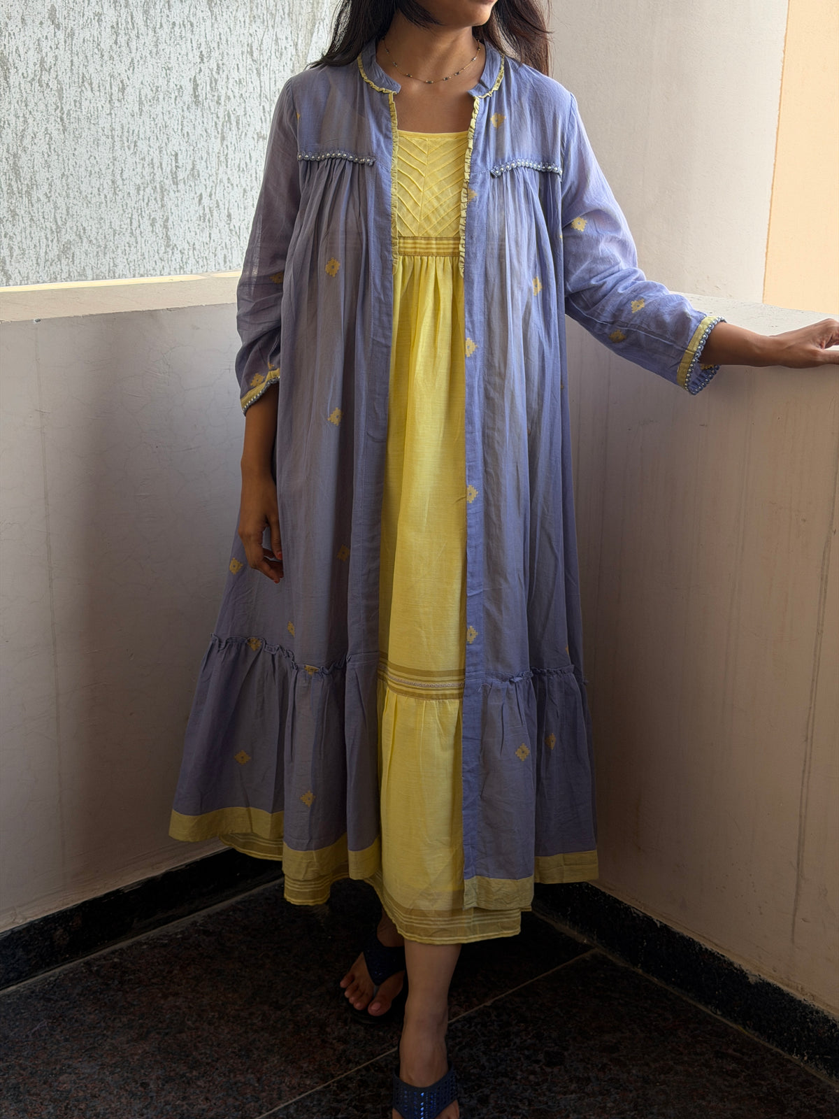A0378 Bengal cotton Jamdani coat style in yellow and blue combinations with layered coat