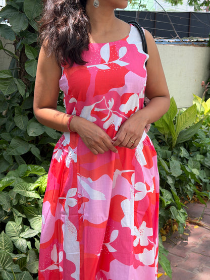 A0734 Pure cotton pink floral pleated dress