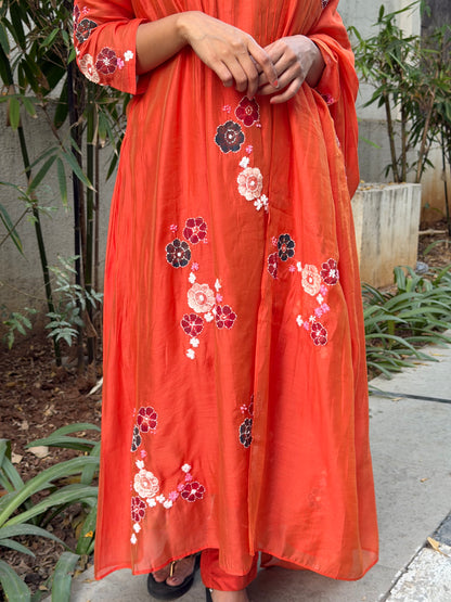 A0605 Orange Mul Chanderi 3pc set with hand paint and embroidery detailing