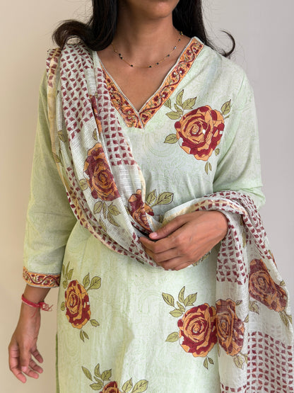 A0723 pista green cotton roses printed 3 piece dress with Kota Doria duppatta