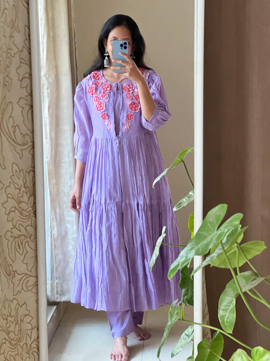 P022 lavender mul chanderi 3 piece dress with applique work & coat
