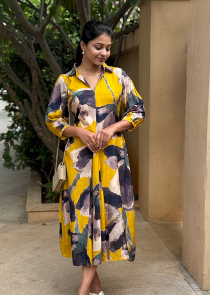 A0788 Cotton silk yellow dress with digital print