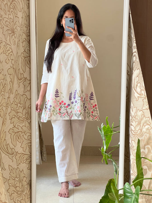 A0412 Mulmul Summer Coord with Embroidery detailing and bell bottoms