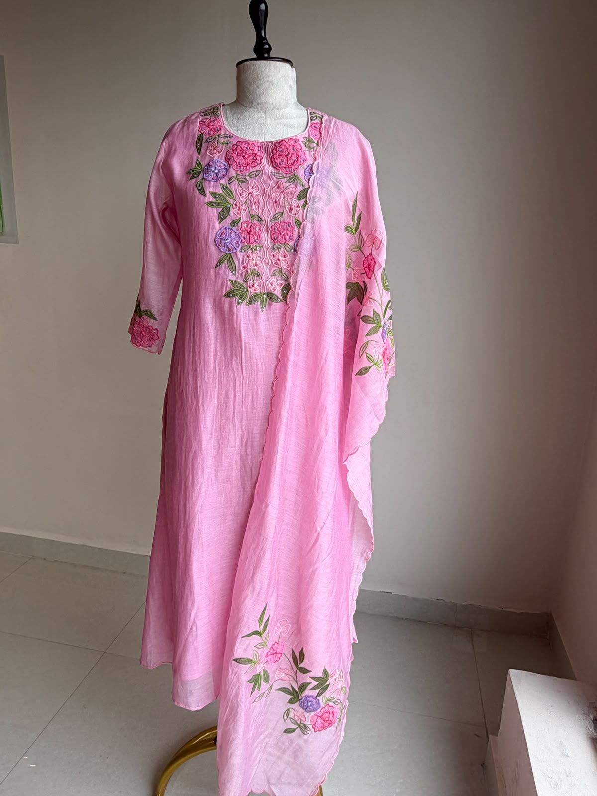 A0846 pink mul chanderi applique 3 piece dress
