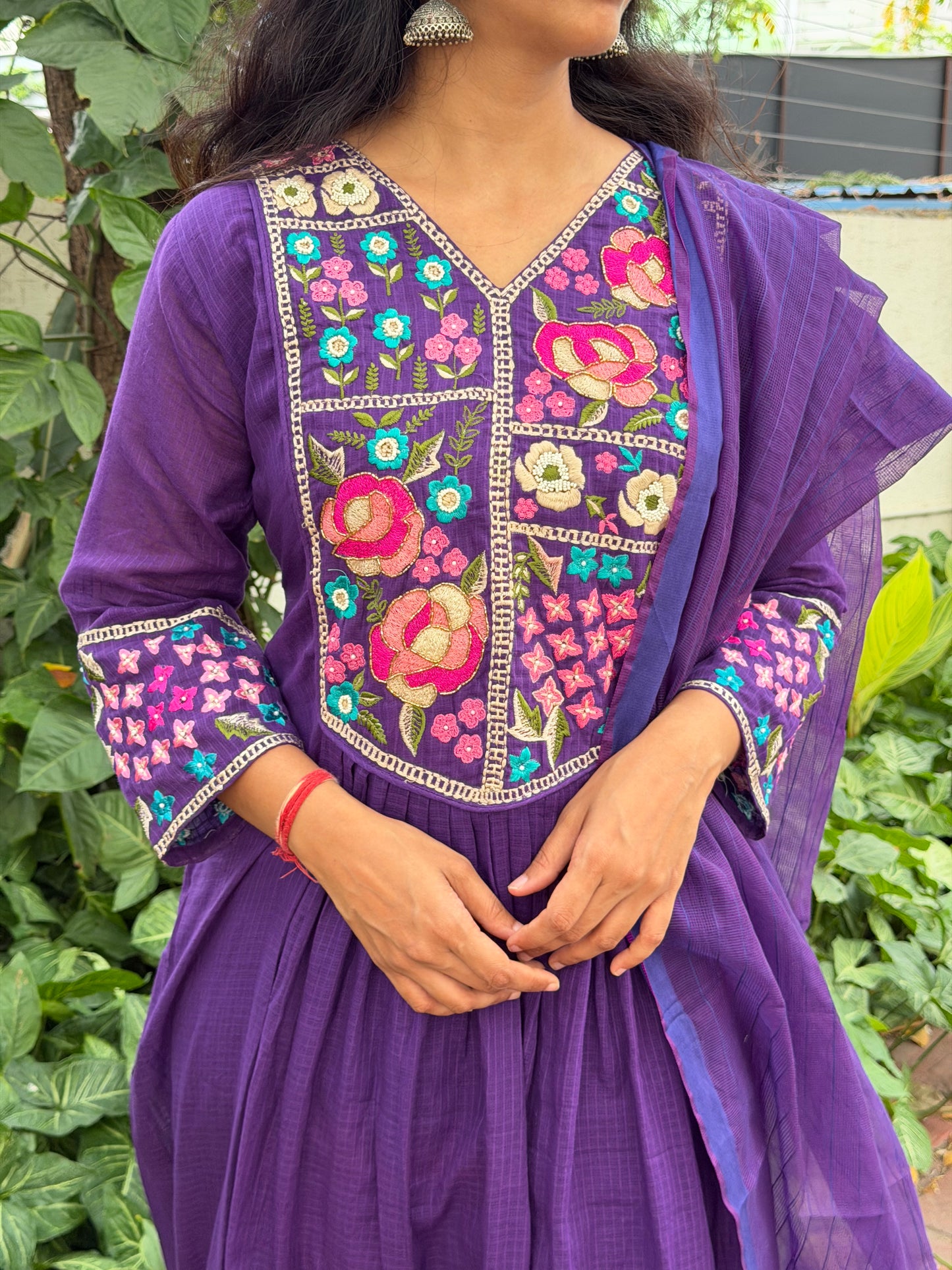 A0682 purple cotton kota 3 piece dress with embroidery on yoke part