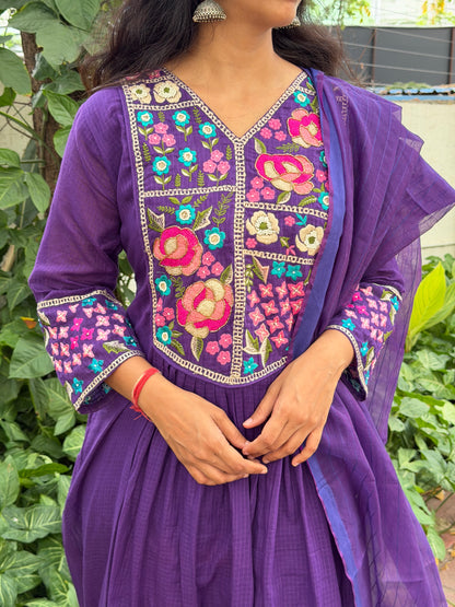 A0682 purple cotton kota 3 piece dress with embroidery on yoke part