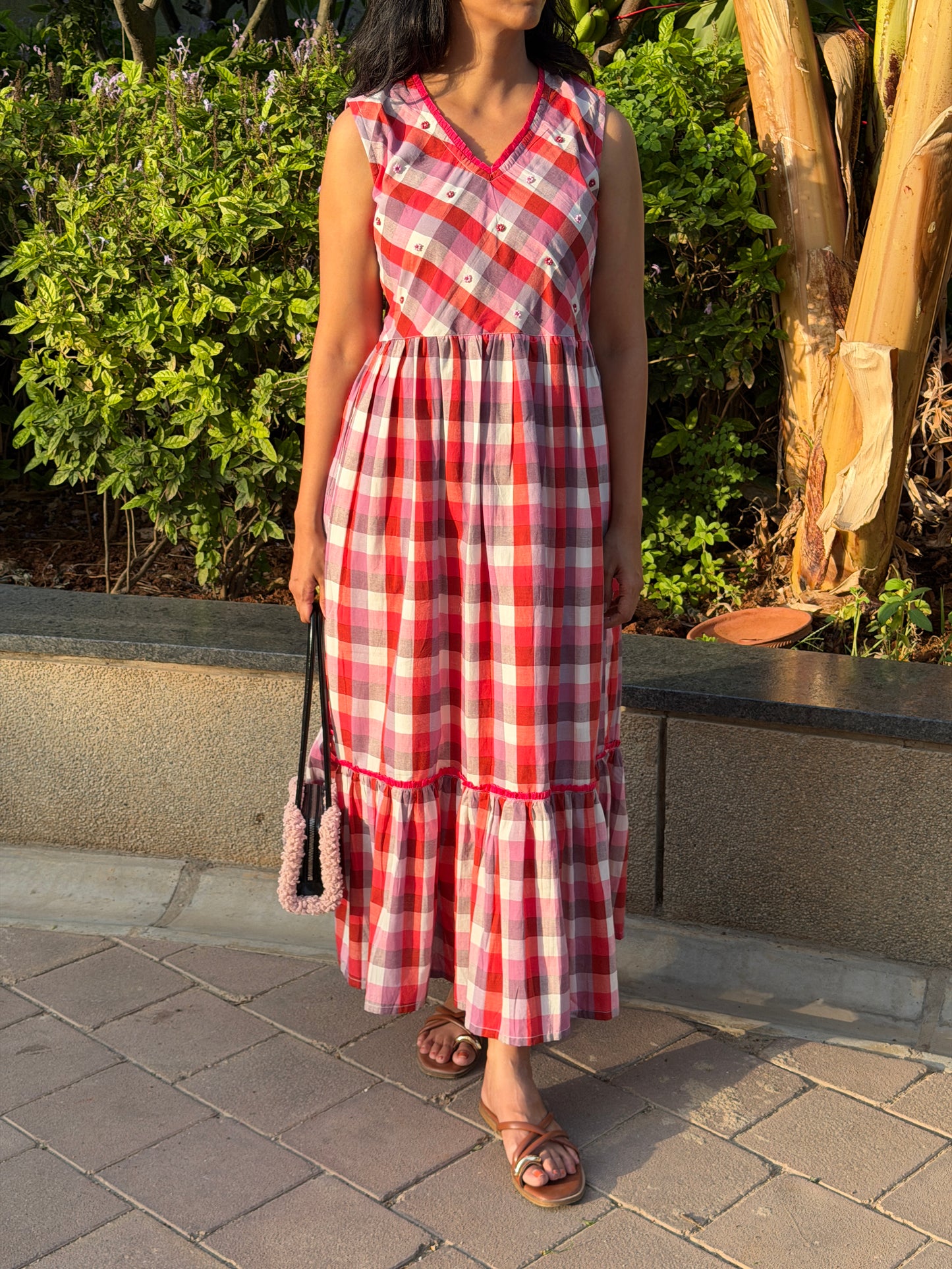 A0763 Pure cotton Red and white checks dress with hand embroidery flowers