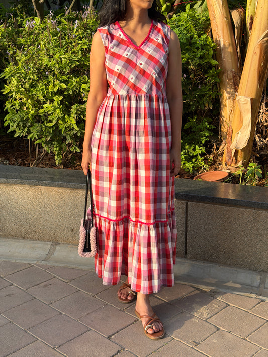A0763 Pure cotton Red and white checks dress with hand embroidery flowers