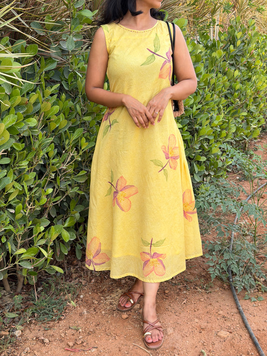 A0749 yellow mul cotton digital printed dress comes with lining