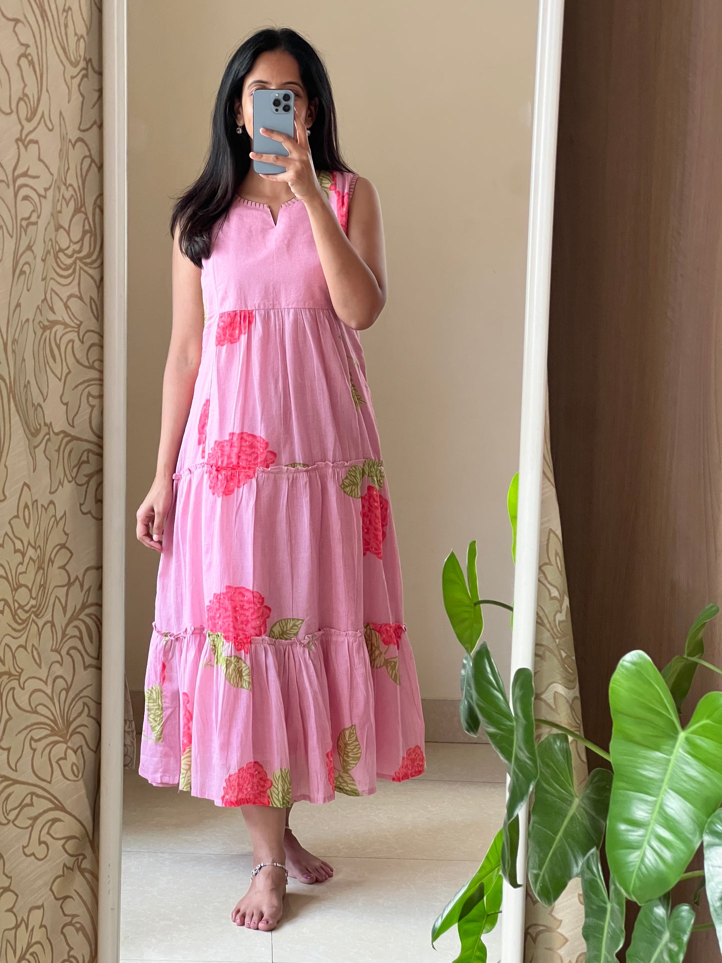 A0576 pink cotton floral printed one piece dress comes with cotton lining inside