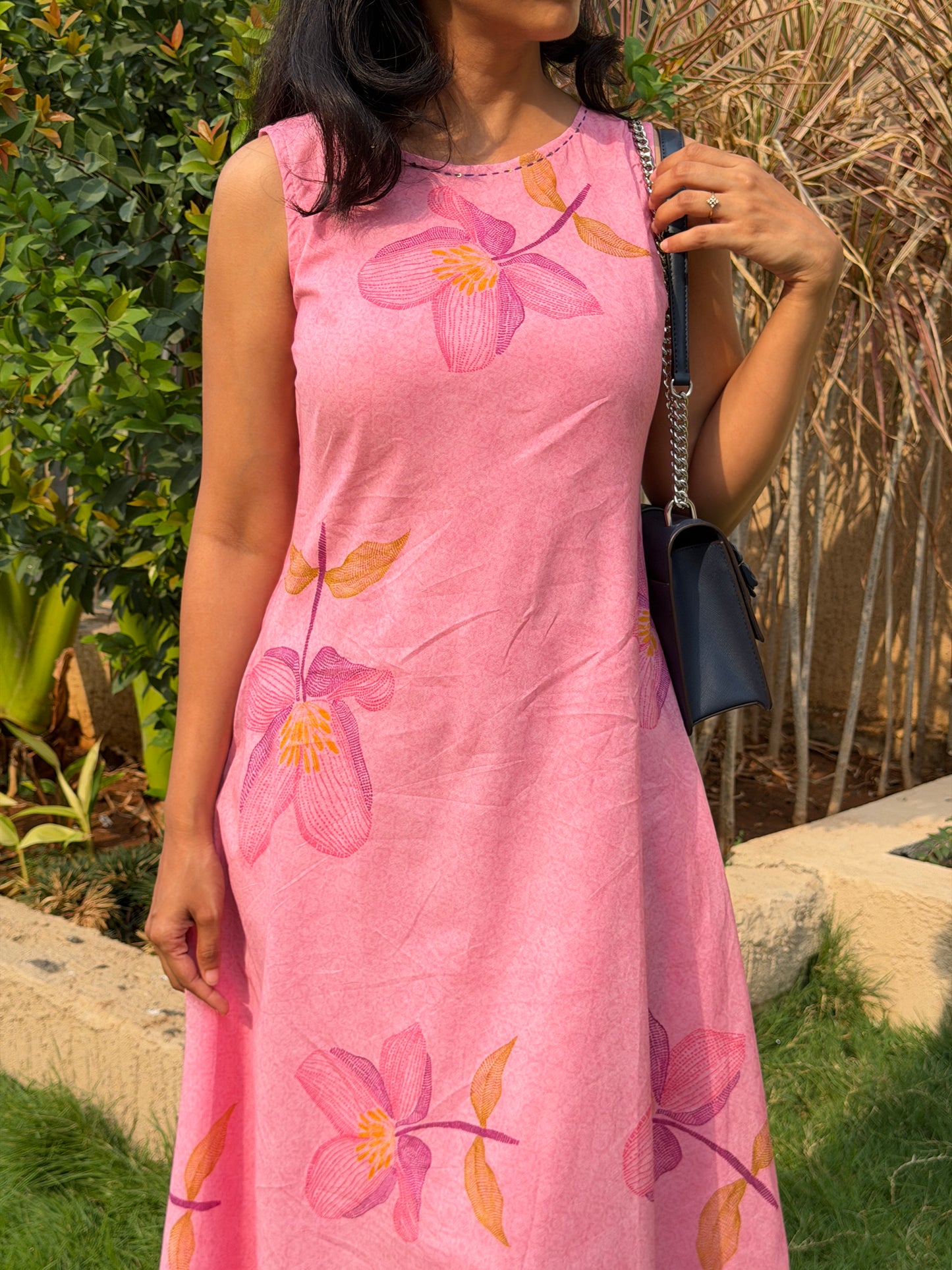 A0748 pink Mul cotton digital printed floral A-Line dress