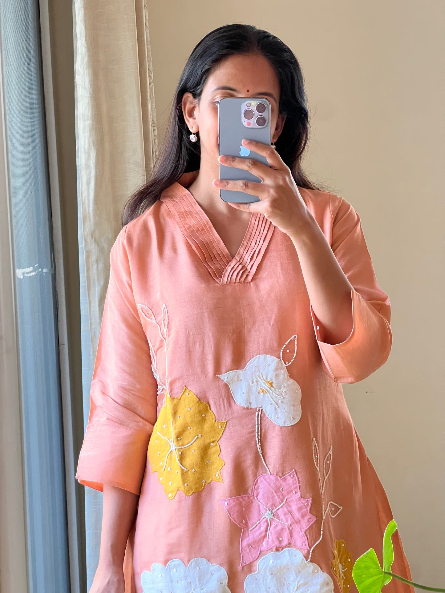 A0353 peach dola silk coord set with applique work detailing