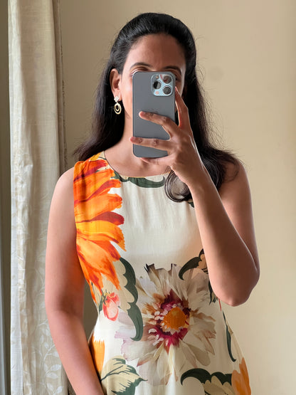 A0511 sunflower cotton silk one piece dress with digital floral printed pattern, sleeves are provided inside