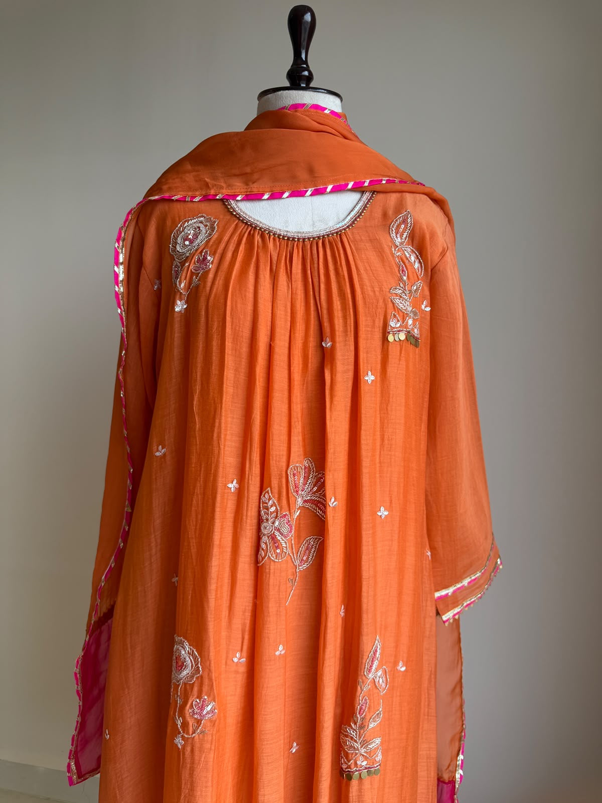 A0849 orange mul chanderi hand embroidery work 3 piece dress