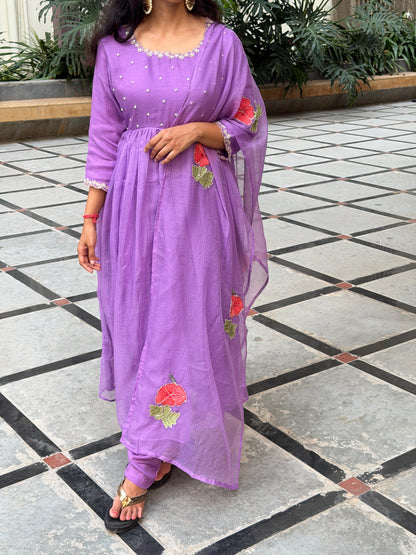 A0674 lavender Kota 3 piece dress with hibiscus butties embroidery all over the duppatta & pearl embroidery on yoke part
