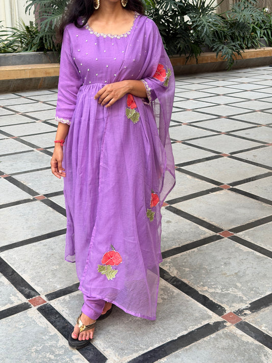 A0674 lavender Kota 3 piece dress with hibiscus butties embroidery all over the duppatta & pearl embroidery on yoke part