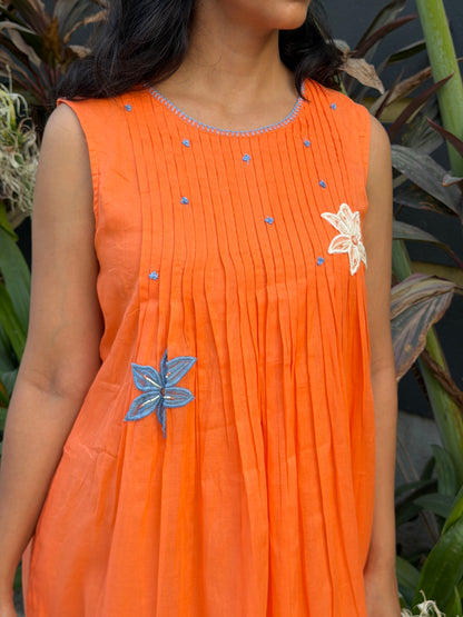 A0751 Mul cotton orange dress with 3d flowers and applique floral design