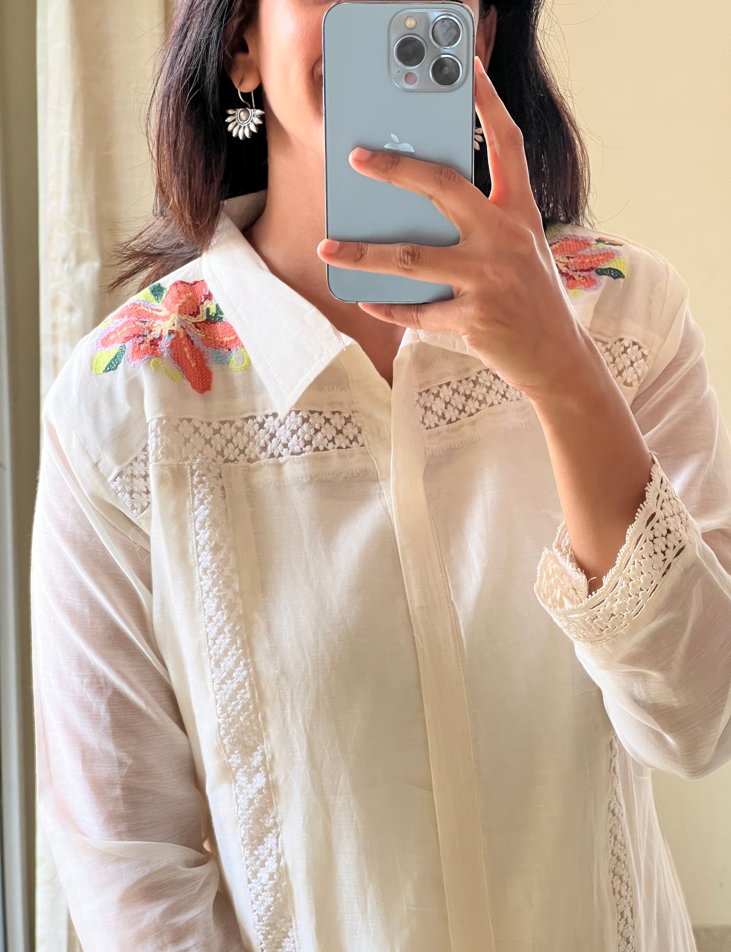 A0516 white mul chanderi coord set with cross stich embroidery on shoulder part & pants