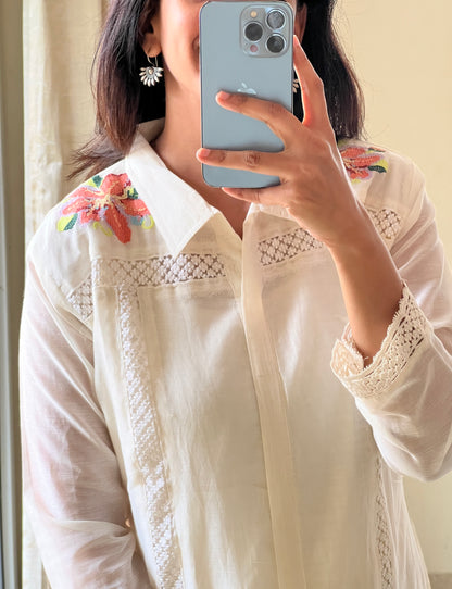 A0516 white mul chanderi coord set with cross stich embroidery on shoulder part & pants