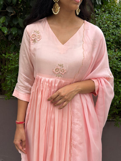A0676 peach Chinnon 3 piece dress with hand embroidery butties all over the dress with organza cut work duppatta