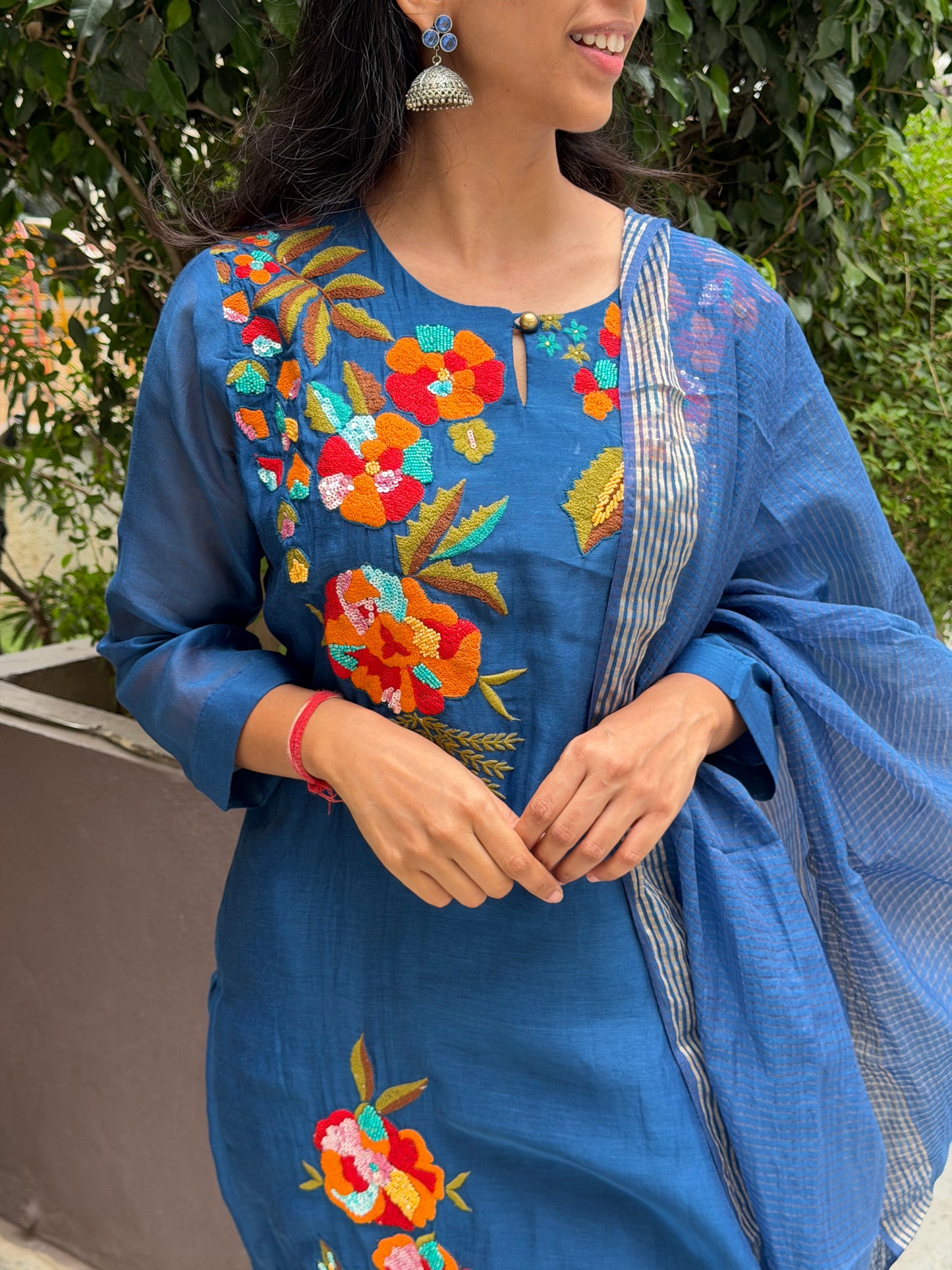 A0683 Mul Chanderi 3pc set with beautiful floral work detailing with Kota duppata