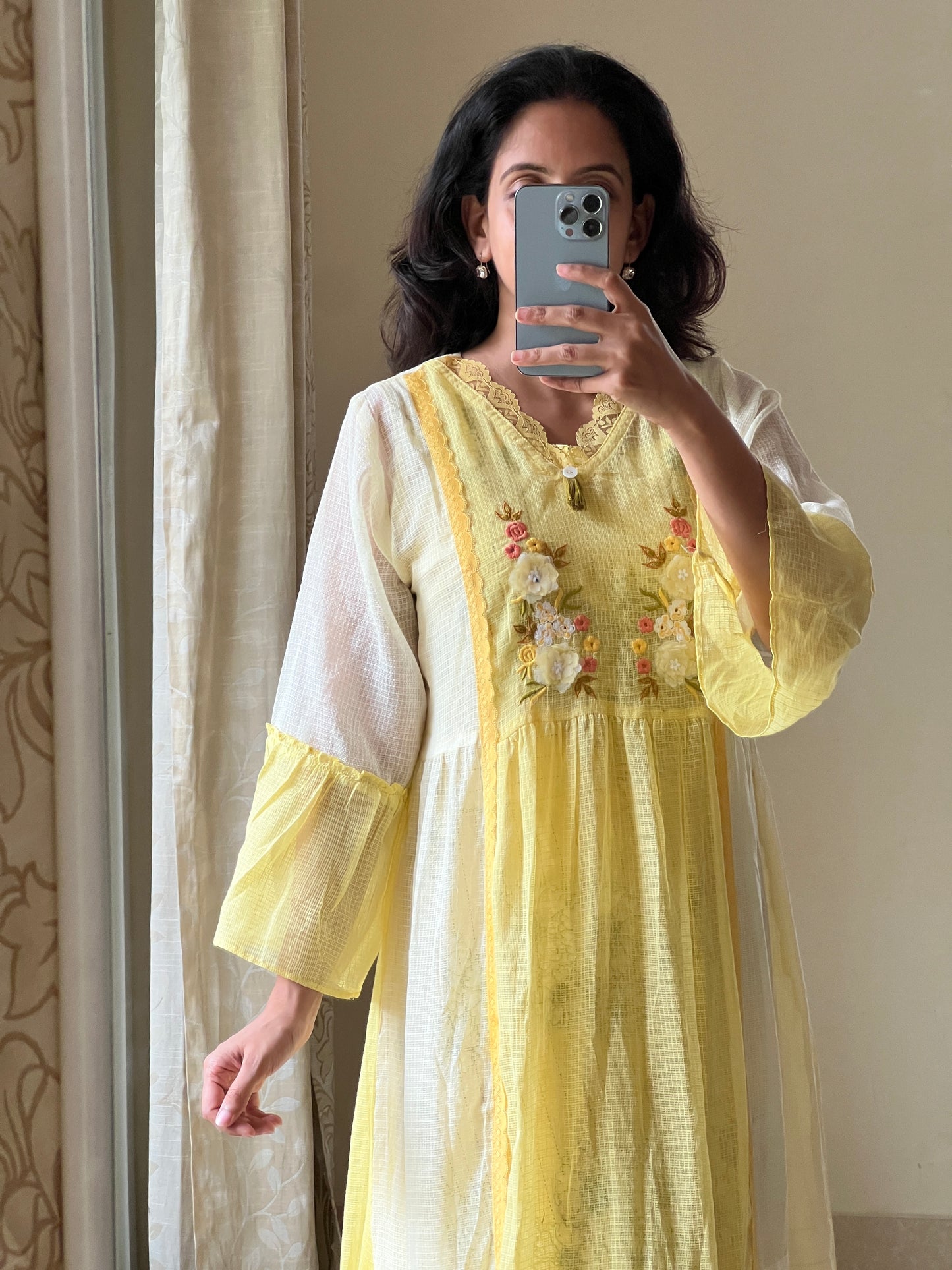 Yellow Sun flower Pure Kota cotton dress comes with printed cotton lining