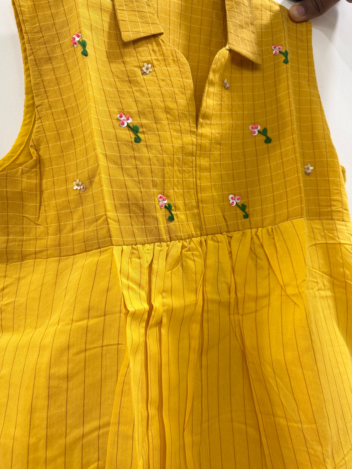 Mul cotton checks frock in beautiful yellow shade