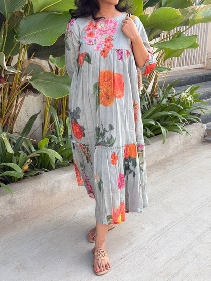 A0742 Sage grey Mul cotton  digital print dress